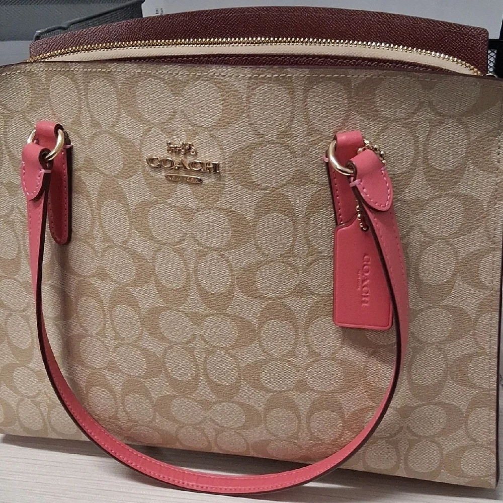 Coach Tan and Pink Monogram Tote - Picture 3 of 9